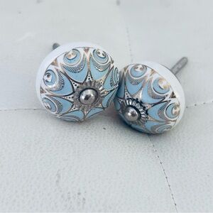 Anthropologie Ceramic Blue  & White Round Doorknobs Silver Accents